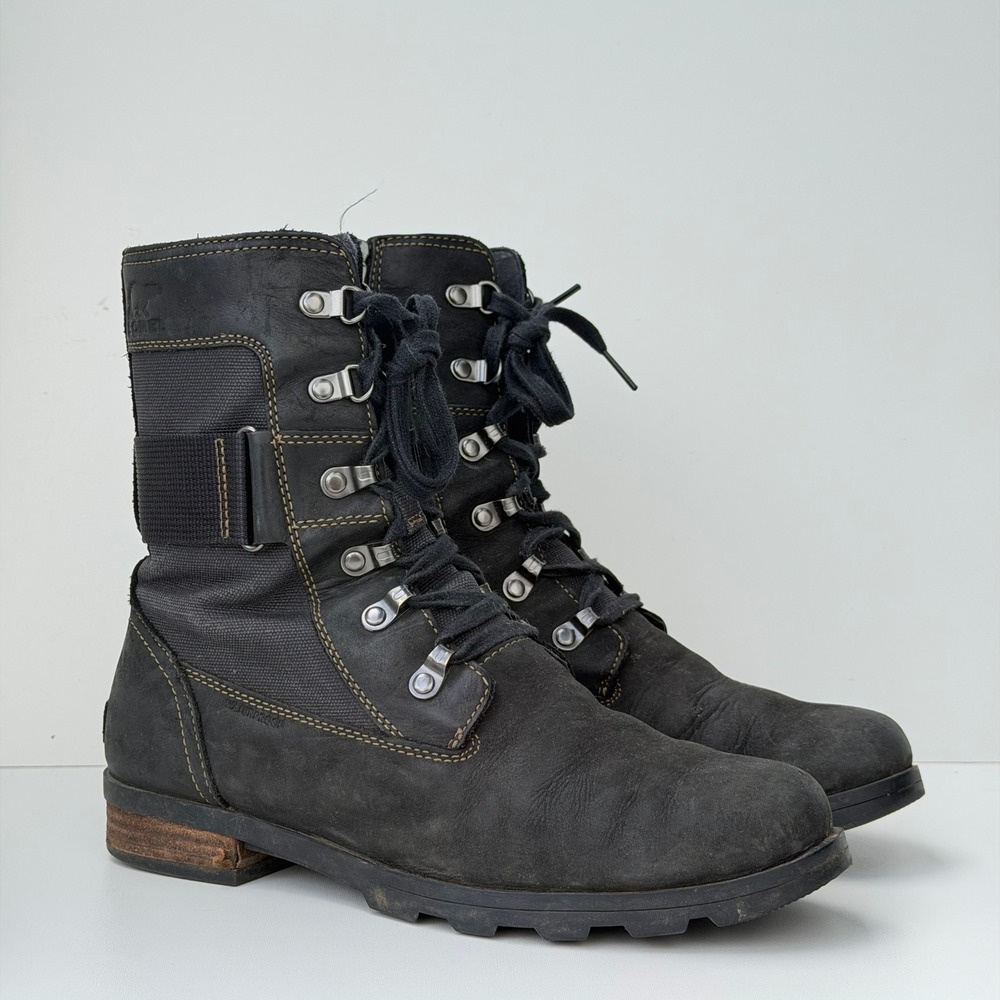 Sorel Emelie Conquest Combat Boots Womens 9 Black Leather Lace Up Side Zip Moto
